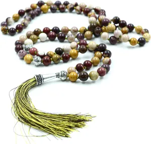 Natiural Gemstone 8 MM Beads Mala Necklace in108 Beads Hand Knotted Mala Necklace,108 Beads Buddhist Mala Necklace,108 Beads Prayer & Meditation Mala Necklace For Mens & Womens (Mookite Jasper)