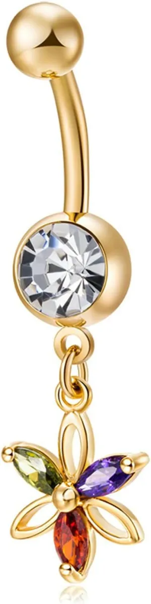Navel Ring Stainless Steel, Crystal Silver Navel Rings for Women Colorful Flower Gold Navel Piercing