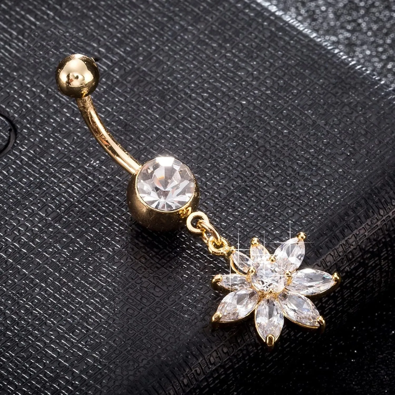 Navel Rings for Women, Belly Button Rings Dangling 316L Surgical Steel Belly Button Rings Crystal Flower White/Colorful Cubic Zirconia Belly Button Piercing Jewelry