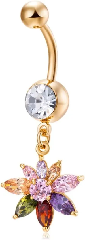 Navel Rings for Women, Belly Button Rings Dangling 316L Surgical Steel Belly Button Rings Crystal Flower White/Colorful Cubic Zirconia Belly Button Piercing Jewelry