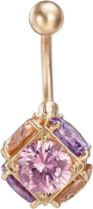 Navel Rings for Women, Short Belly Button Ring Belly Rings Surgical Steel Square Colorful Cubic Zirconia Belly Ring Rose Gold