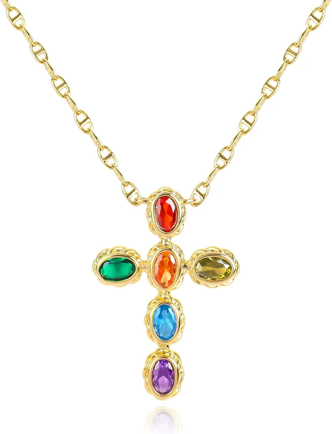 NEKOL Gold Multi-Gemstone Shield Armor of God Ankh Stars Moon Mars Rocket Cross Crucifix Necklace, Ancient Egyptian Coptic Cross Pendant Necklace Eternity Religious