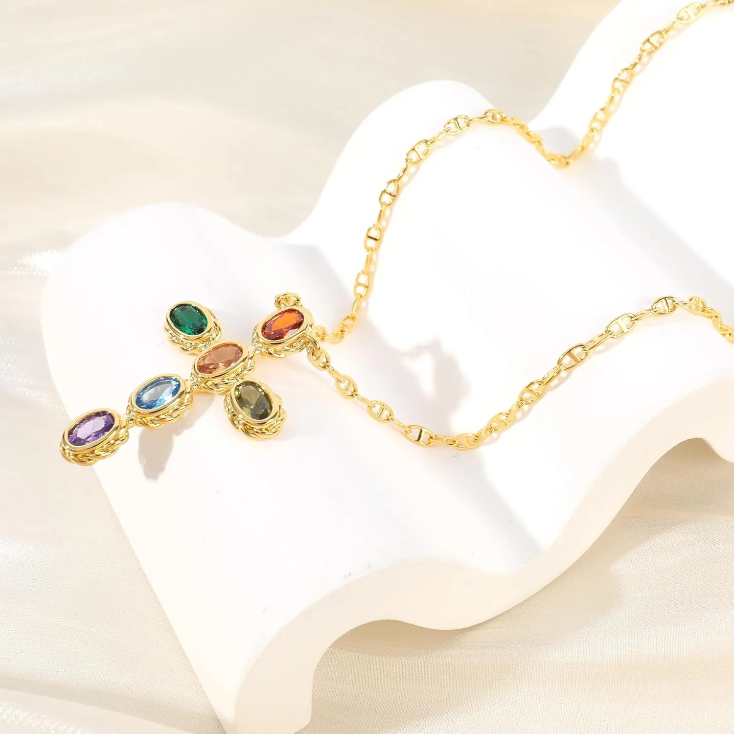 NEKOL Gold Multi-Gemstone Shield Armor of God Ankh Stars Moon Mars Rocket Cross Crucifix Necklace, Ancient Egyptian Coptic Cross Pendant Necklace Eternity Religious