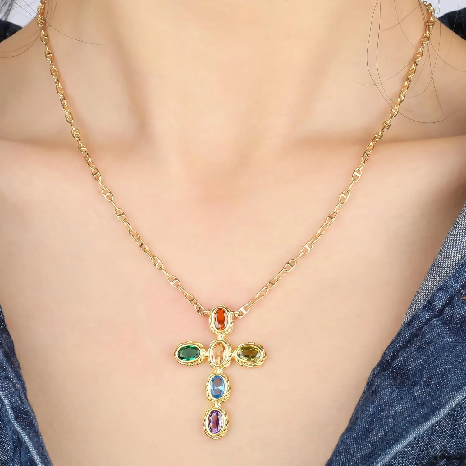 NEKOL Gold Multi-Gemstone Shield Armor of God Ankh Stars Moon Mars Rocket Cross Crucifix Necklace, Ancient Egyptian Coptic Cross Pendant Necklace Eternity Religious