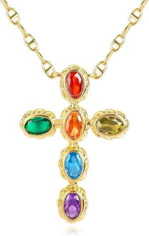 NEKOL Gold Multi-Gemstone Shield Armor of God Ankh Stars Moon Mars Rocket Cross Crucifix Necklace, Ancient Egyptian Coptic Cross Pendant Necklace Eternity Religious