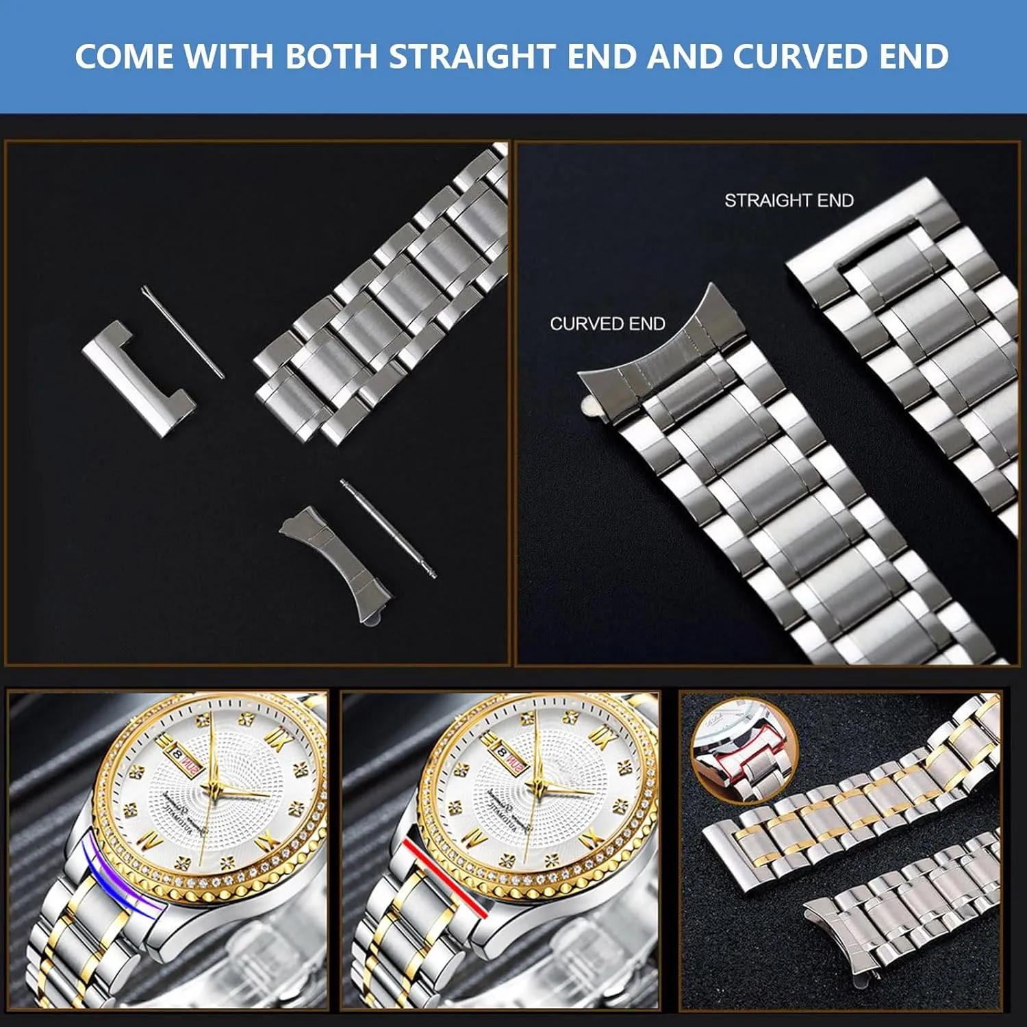 Nelumbo Quick Release Metal Chain Butterfly Clasp Watch Bands 18mm 19mm 20mm 21mm 22mm 24mm Stainless steel Watch Strap Bracelet Replacement