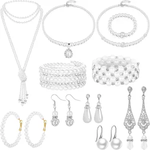 NEWITIN 11 Pieces Pearl Jewelry Set for Women Fashion Costume Jewels Pearl Beaded Necklace Bracelet Earrings White Jewelry Set for Women
