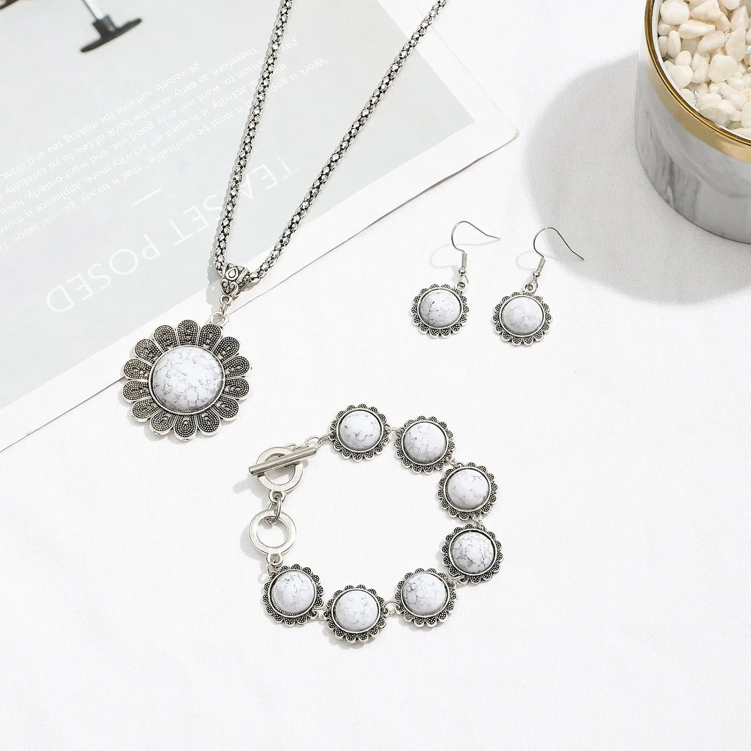 NEWITIN Silver Bohemian Jewelry Set for Women Fashion Costume Jewels Turquoise Necklace Bracelet Earrings Western Turquoise Jewelry Set for Women