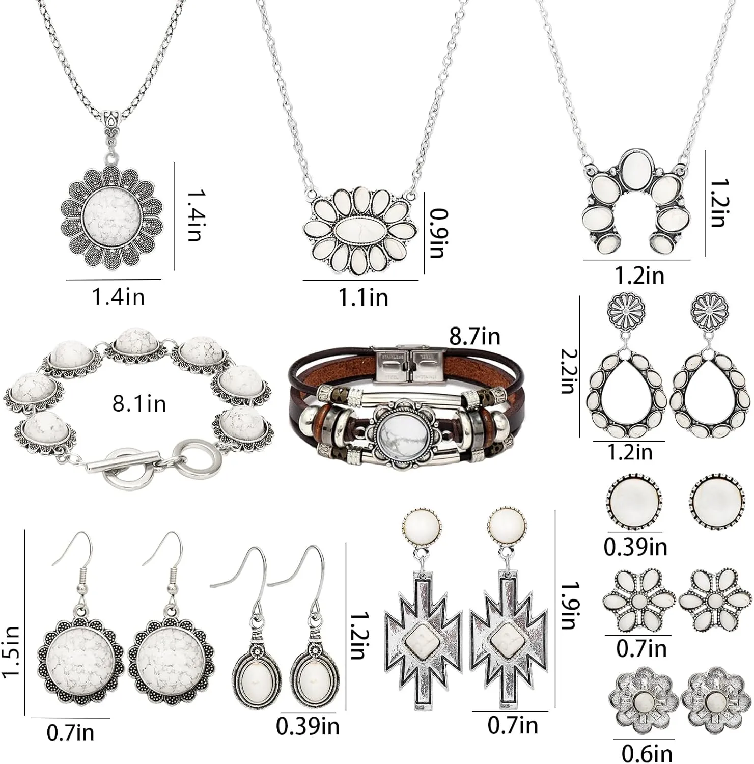 NEWITIN Silver Bohemian Jewelry Set for Women Fashion Costume Jewels Turquoise Necklace Bracelet Earrings Western Turquoise Jewelry Set for Women