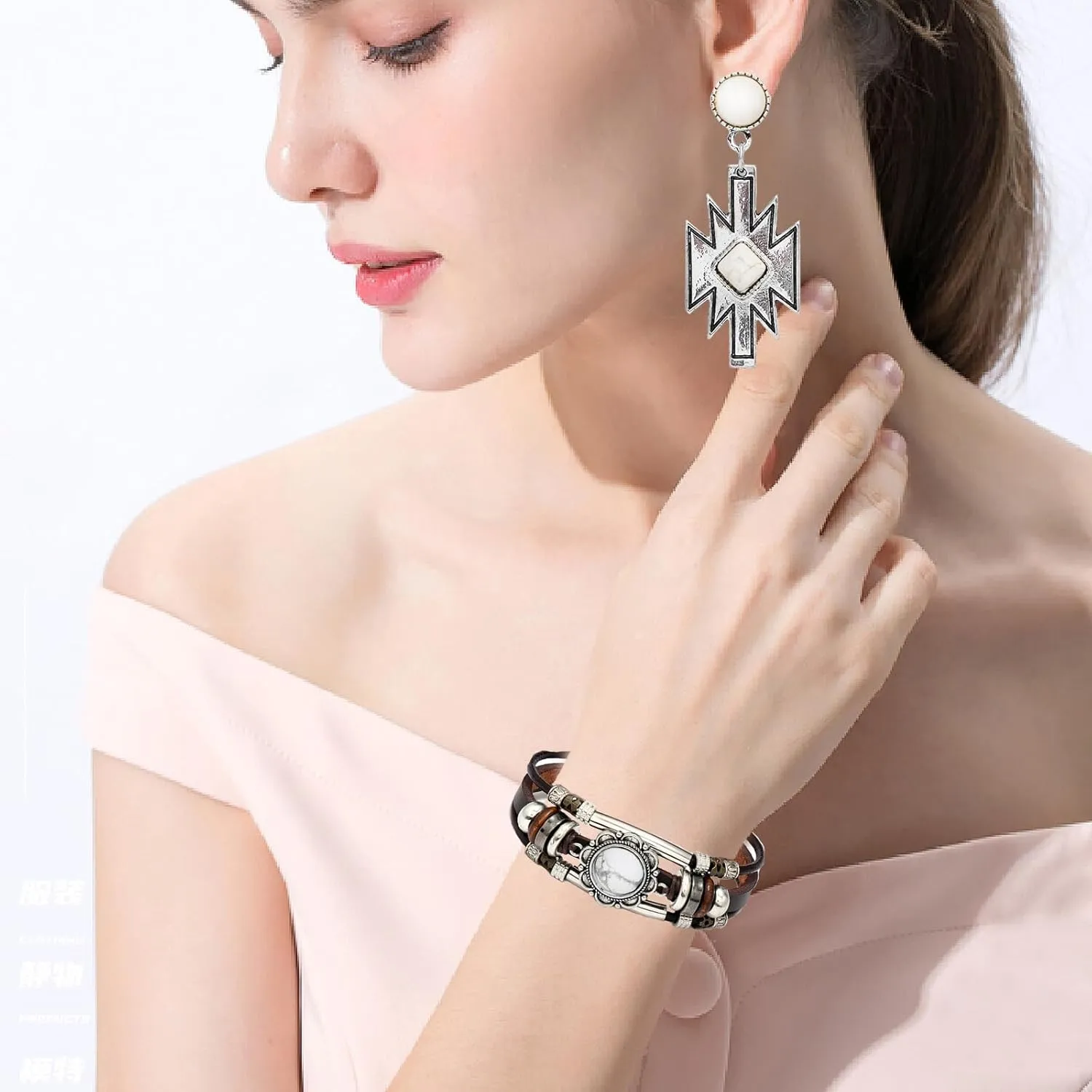 NEWITIN Silver Bohemian Jewelry Set for Women Fashion Costume Jewels Turquoise Necklace Bracelet Earrings Western Turquoise Jewelry Set for Women