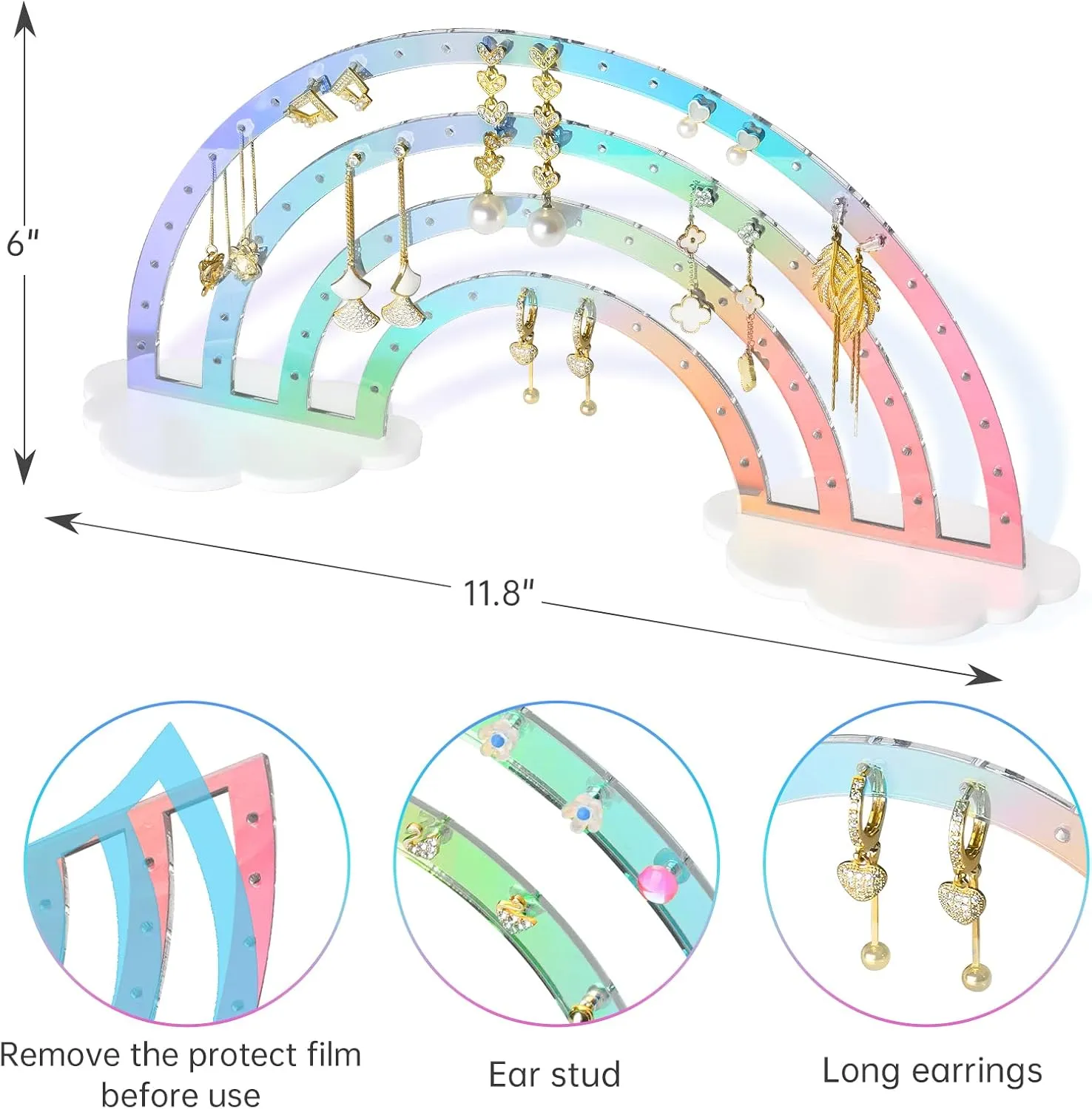 NiHome Iridescent Earrings Holder 74 Holes Display Rainbow Ear Studs Jewelry Show Rack Stand Organizer for Girl Women - Clear Acrylic Plastic