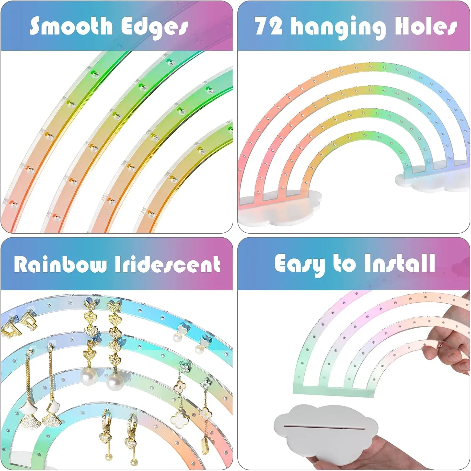 NiHome Iridescent Earrings Holder 74 Holes Display Rainbow Ear Studs Jewelry Show Rack Stand Organizer for Girl Women - Clear Acrylic Plastic