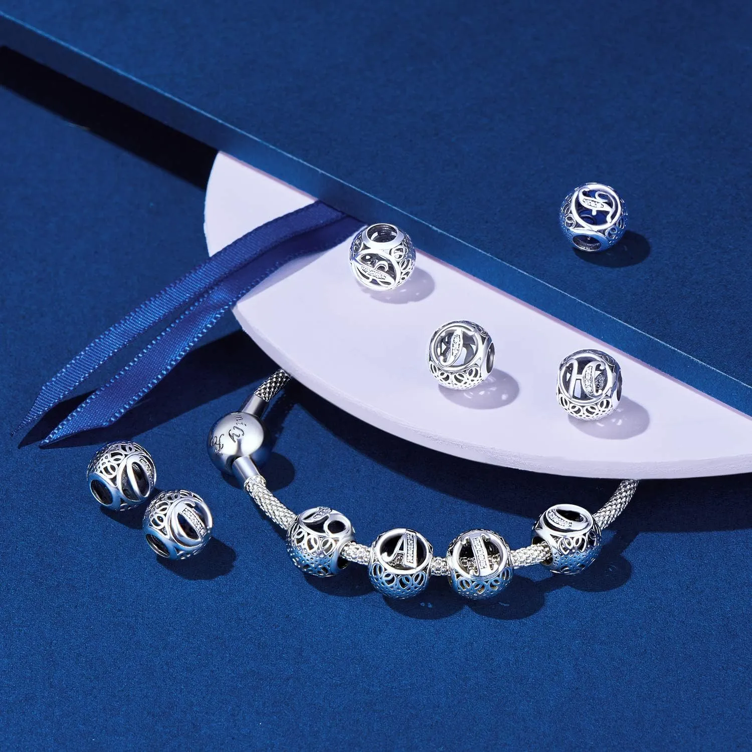 NINGAN Letter Alphabet Charm 925 Sterling Silver A-Z Initial Beads Fits Women's Europeans Bracelet and Necklace