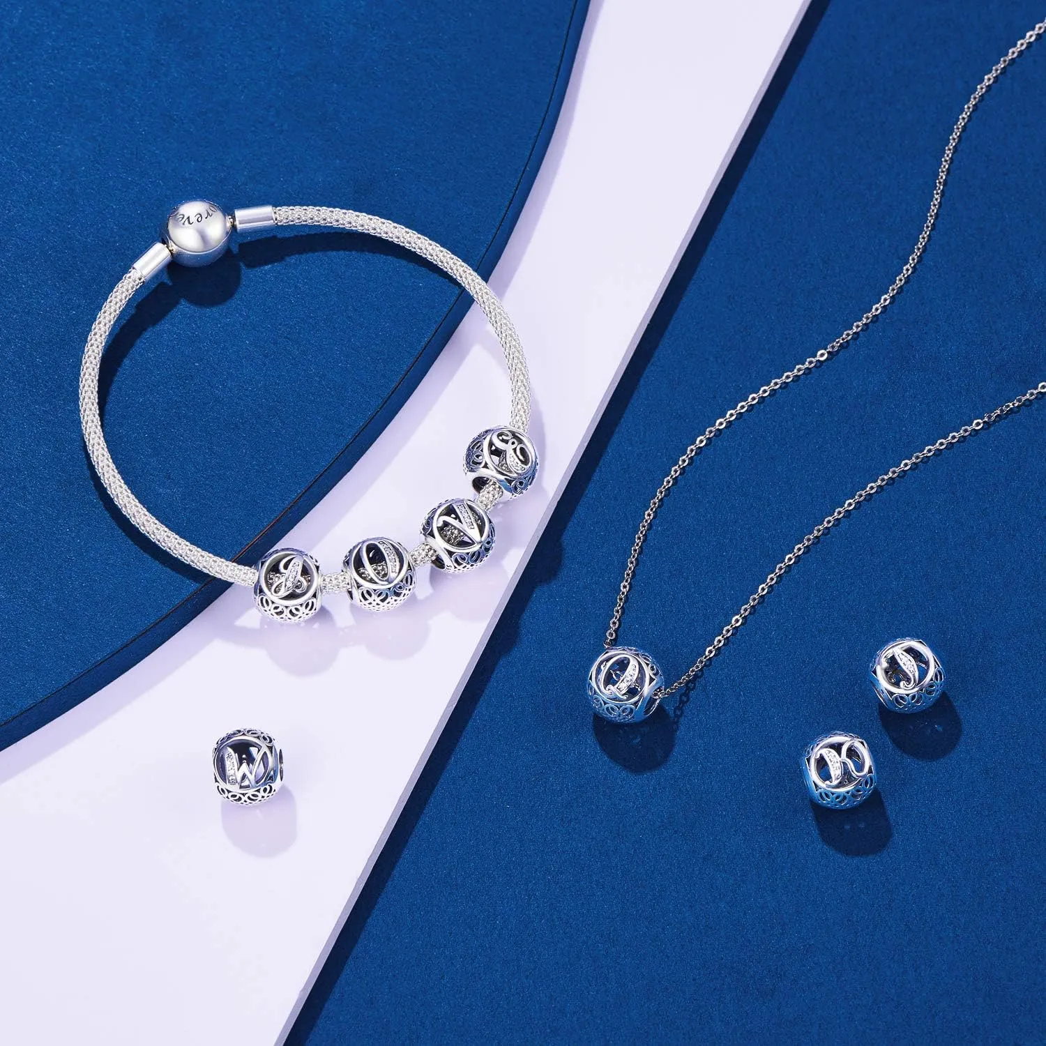 NINGAN Letter Alphabet Charm 925 Sterling Silver A-Z Initial Beads Fits Women's Europeans Bracelet and Necklace