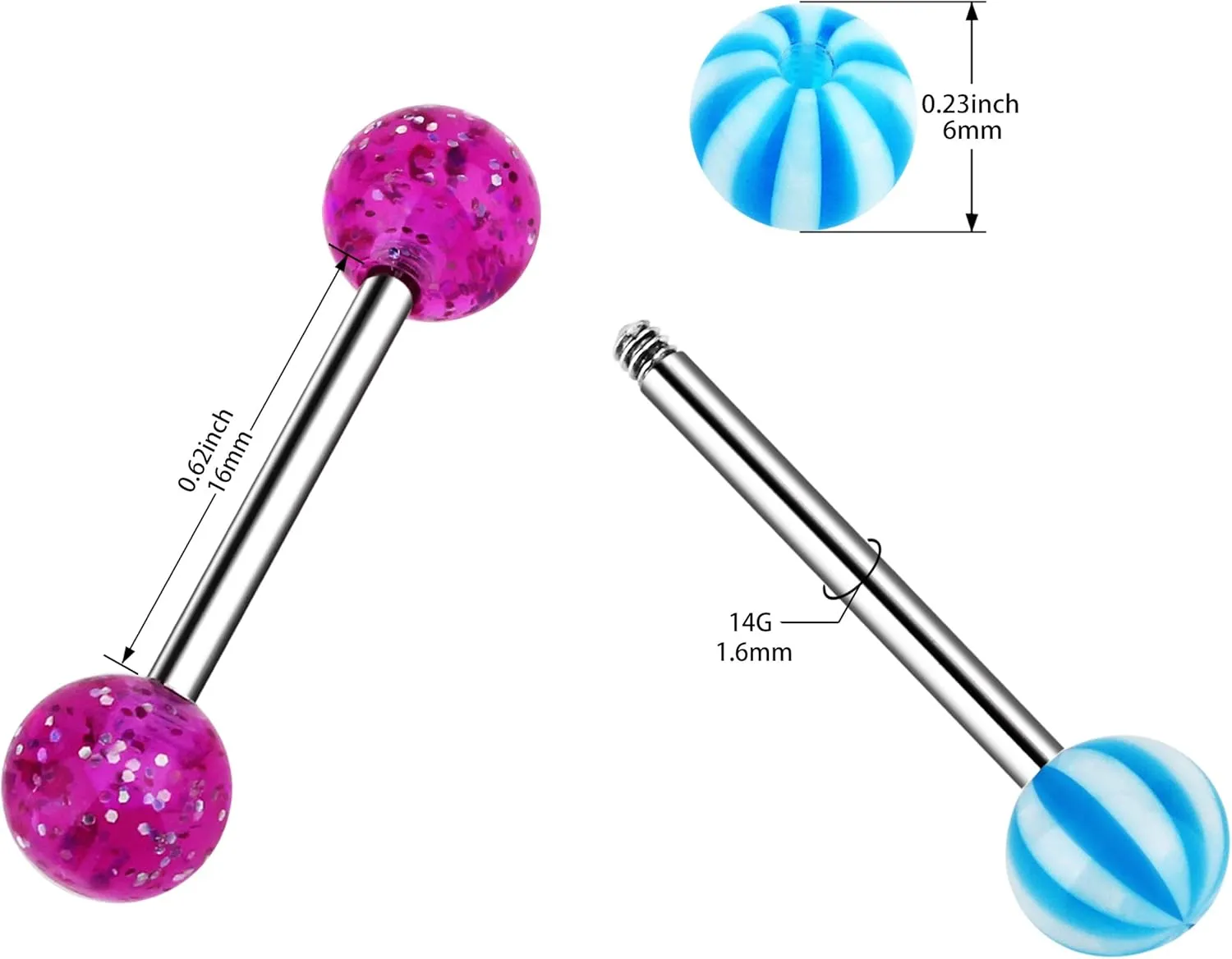 Niumike 14G Tongue Rings Assorted Colors Surgical Stainless Steel Barbells Piercing Jewelry