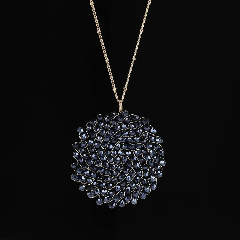 Niumike Handmade Crystal Circle Pendant Necklace and Earring Sets for Women Prom Disc Long Statement Necklaces Jewelry Sets with Gifts Box