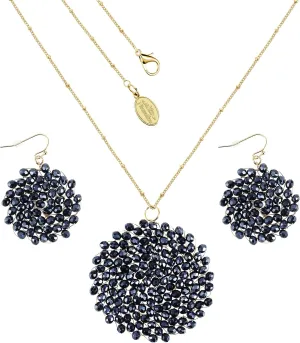 Niumike Handmade Crystal Circle Pendant Necklace and Earring Sets for Women Prom Disc Long Statement Necklaces Jewelry Sets with Gifts Box