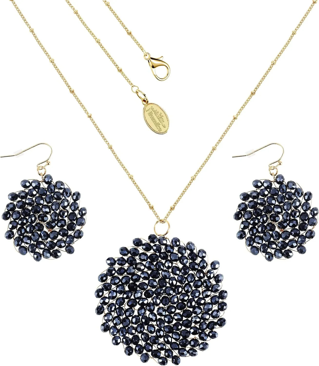 Niumike Handmade Crystal Circle Pendant Necklace and Earring Sets for Women Prom Disc Long Statement Necklaces Jewelry Sets with Gifts Box