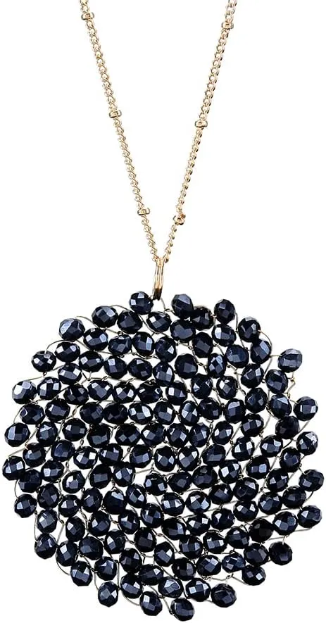 Niumike Handmade Crystal Circle Pendant Necklace and Earring Sets for Women Prom Disc Long Statement Necklaces Jewelry Sets with Gifts Box