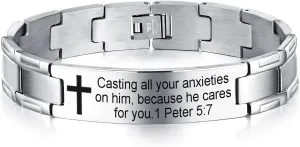 Non-Branded QINGDUO 1 Peter 5:7 Religious Christian Motivational Jewerly Vintage Stainless Steel Cross Bible Lords Prayer Link Wrist Bracelet for Men Women,Gifts for Friendship Graduation Birthday