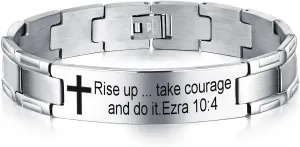 Non-Branded QINGDUO Ezra 10:4 Religious Christian Motivational Jewerly Vintage Stainless Steel Cross Bible Lords Prayer Link Wrist Bracelet for Men Women,Gifts for Friendship Graduation Birthday