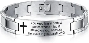 Non-Branded QINGDUO Isaiah 26:3 Religious Christian Motivational Jewerly Vintage Stainless Steel Cross Bible Lords Prayer Link Wrist Bracelet for Men Women,Gifts for Friendship Graduation Birthday