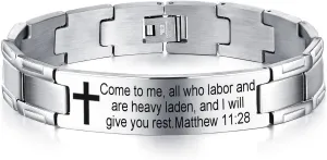 Non-Branded QINGDUO Matthew 11:28 Religious Christian Motivational Jewerly Vintage Stainless Steel Cross Bible Lords Prayer Link Wrist Bracelet for Men Women,Gifts for Friendship Graduation Birthday
