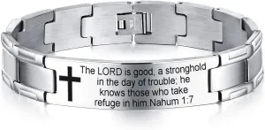 Non-Branded QINGDUO Nahum 1:7 Religious Christian Motivational Jewerly Vintage Stainless Steel Cross Bible Lords Prayer Link Wrist Bracelet for Men Women,Gifts for Friendship Graduation Birthday