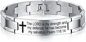 Non-Branded QINGDUO Psalm 118:14 Religious Christian Motivational Jewerly Vintage Stainless Steel Cross Bible Lords Prayer Link Wrist Bracelet for Men Women,Gifts for Friendship Graduation Birthday