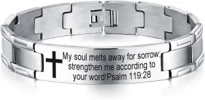 Non-Branded QINGDUO Psalm 119:28 Religious Christian Motivational Jewerly Vintage Stainless Steel Cross Bible Lords Prayer Link Wrist Bracelet for Men Women,Gifts for Friendship Graduation Birthday