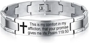 Non-Branded QINGDUO Psalm 119:50 Religious Christian Motivational Jewerly Vintage Stainless Steel Cross Bible Lords Prayer Link Wrist Bracelet for Men Women,Gifts for Friendship Graduation Birthday