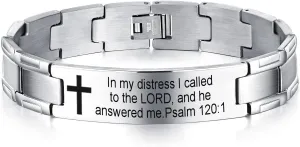 Non-Branded QINGDUO Psalm 120:1 Religious Christian Motivational Jewerly Vintage Stainless Steel Cross Bible Lords Prayer Link Wrist Bracelet for Men Women,Gifts for Friendship Graduation Birthday