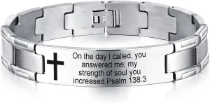 Non-Branded QINGDUO Psalm 138:3 Religious Christian Motivational Jewerly Vintage Stainless Steel Cross Bible Lords Prayer Link Wrist Bracelet for Men Women,Gifts for Friendship Graduation Birthday