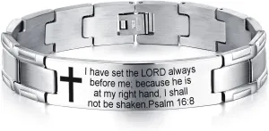 Non-Branded QINGDUO Psalm 16:8 Religious Christian Motivational Jewerly Vintage Stainless Steel Cross Bible Lords Prayer Link Wrist Bracelet for Men Women,Gifts for Friendship Graduation Birthday