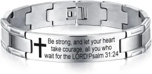 Non-Branded QINGDUO Psalm 31:24 Religious Christian Motivational Jewerly Vintage Stainless Steel Cross Bible Lords Prayer Link Wrist Bracelet for Men Women,Gifts for Friendship Graduation Birthday