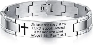 Non-Branded QINGDUO Psalm 34:8 Religious Christian Motivational Jewerly Vintage Stainless Steel Cross Bible Lords Prayer Link Wrist Bracelet for Men Women,Gifts for Friendship Graduation Birthday