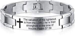 Non-Branded QINGDUO Psalm 37:39 Religious Christian Motivational Jewerly Vintage Stainless Steel Cross Bible Lords Prayer Link Wrist Bracelet for Men Women,Gifts for Friendship Graduation Birthday