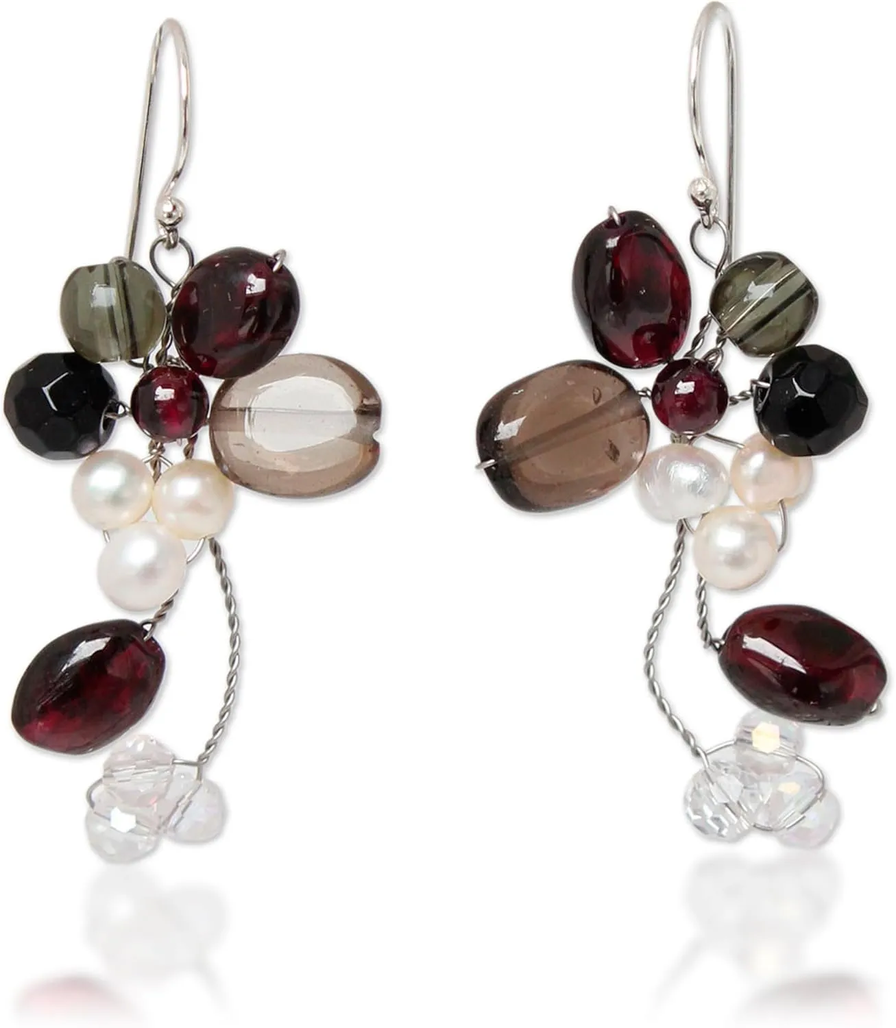 NOVICA Handcrafted Cultured Freshwater Earrings | Pearl Garnet Cluster | Smoky Quartz Dangle | .925 Sterling Silver | Long French Wire | Multicolor Birthstone | Thailand 'Radiant 1.8" L x 0.8" W