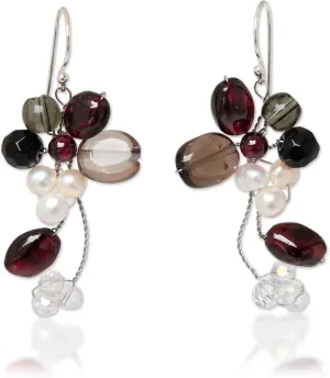NOVICA Handcrafted Cultured Freshwater Earrings | Pearl Garnet Cluster | Smoky Quartz Dangle | .925 Sterling Silver | Long French Wire | Multicolor Birthstone | Thailand 'Radiant 1.8" L x 0.8" W