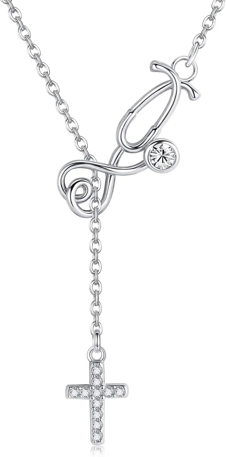 Nurse Necklaces for Women 925 Sterling Silver Stethoscope Cross Y Necklace Nursing School Graduation Jewelry Gifts for Women Nurses