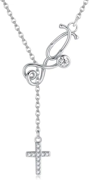 Nurse Necklaces for Women 925 Sterling Silver Stethoscope Cross Y Necklace Nursing School Graduation Jewelry Gifts for Women Nurses