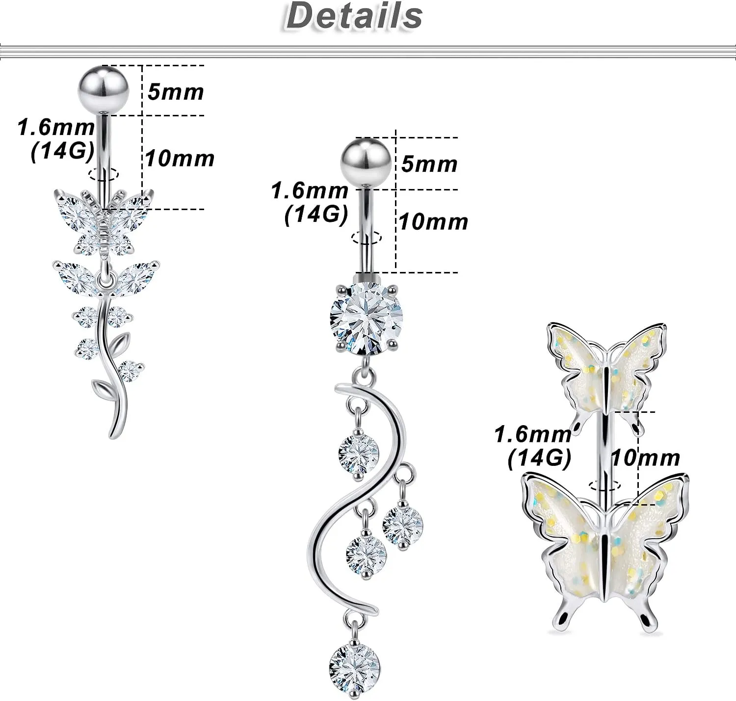 Ocptiy 14G 10mm Dangle Belly Button Ring for Women Hypoallergenic Surgical Steel Diamond Belly Navel Rings Barbell Piercing Jewelry Silver Black Colorful Rose Gold