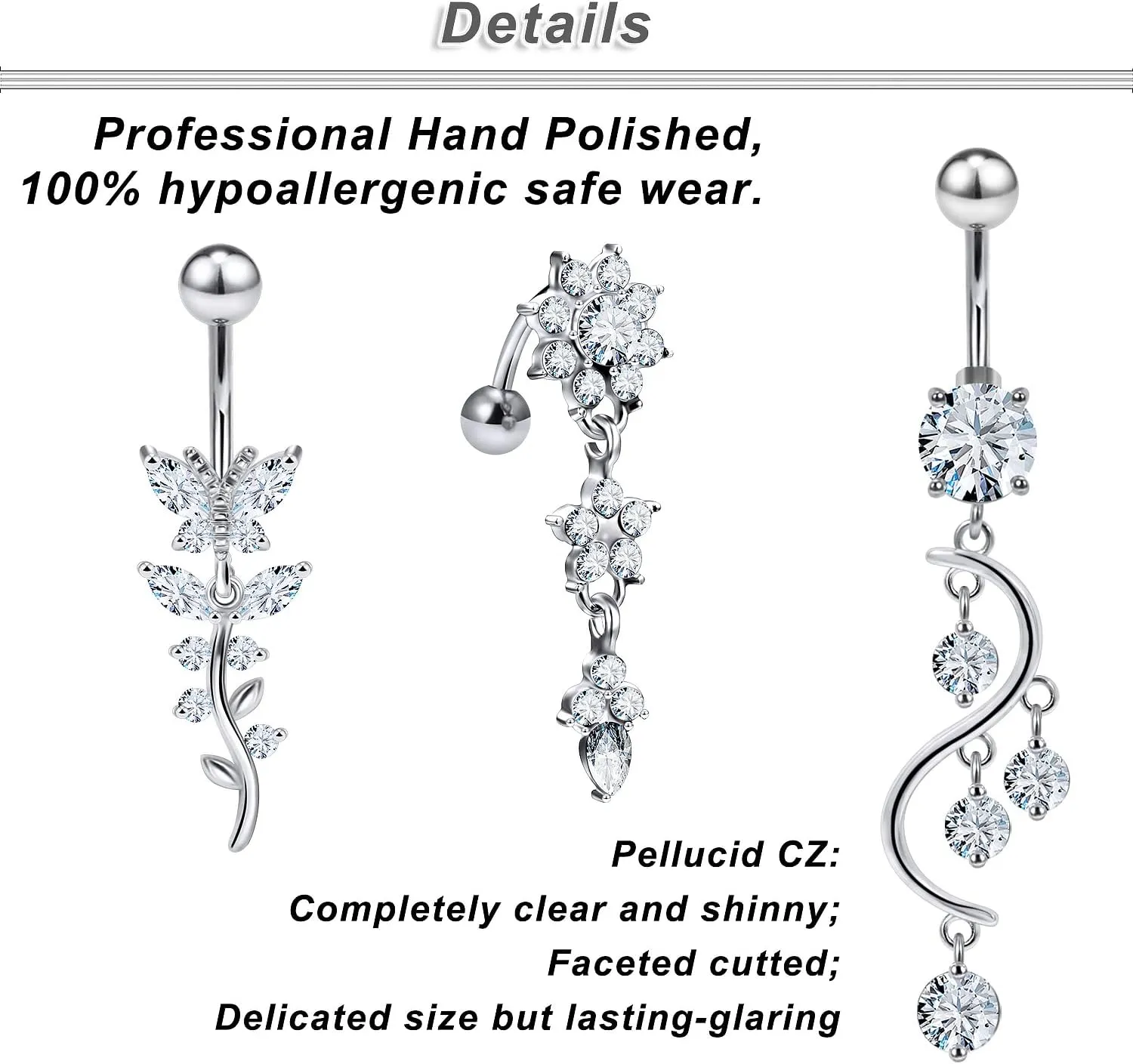 Ocptiy 14G 10mm Dangle Belly Button Ring for Women Hypoallergenic Surgical Steel Diamond Belly Navel Rings Barbell Piercing Jewelry Silver Black Colorful Rose Gold