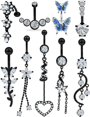 Ocptiy 14G 10mm Dangle Belly Button Ring for Women Hypoallergenic Surgical Steel Diamond Belly Navel Rings Barbell Piercing Jewelry Silver Black Colorful Rose Gold