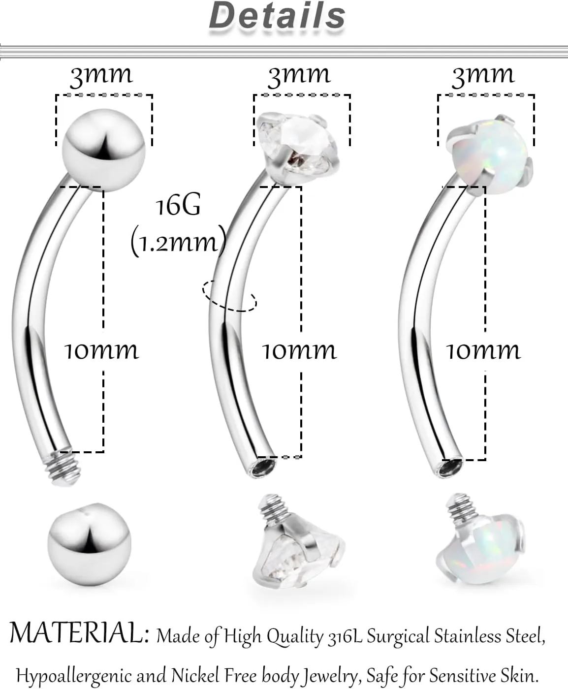 Ocptiy 16G Eyebrow Rook Piercing Jewelry Small Belly Button Ring 316L Surgical Steel Snake Eye Tongue Curved Barbell Vertical Lip Labret Piercing Jewelry for Women Men 6mm 8mm 10mm Bars 3mm Opal CZ