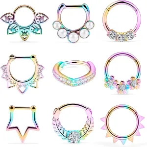 Ocptiy 16G Hinged Septum Clicker 316L Surgical Steel Septum Nose Rings Earrings Hoops Piercing Jewelry for Men Women 10mm 9pcs