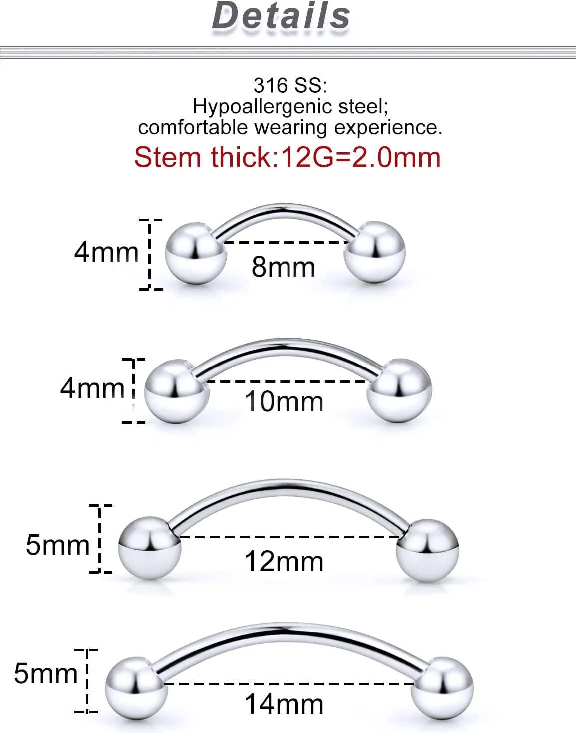 Ocptiy 20G 16G 14G 12G Eyebrow Rook Daith Piercing Jewelry 316L Surgical Steel Vertical Lip Labret Belly Button Ring Snake Eyes Tongue Ring Curved Barbell 6mm(1/4") 8mm(5/16") 10mm (3/8") 12mm(1/2")