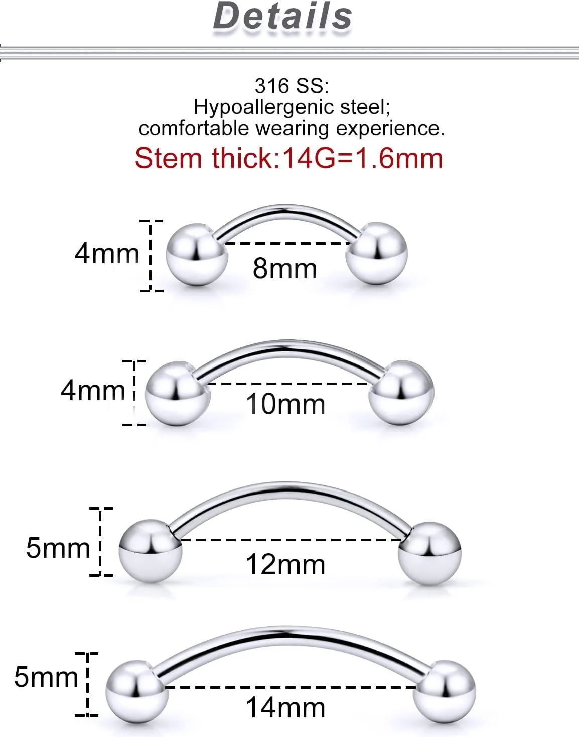 Ocptiy 20G 16G 14G 12G Eyebrow Rook Daith Piercing Jewelry 316L Surgical Steel Vertical Lip Labret Belly Button Ring Snake Eyes Tongue Ring Curved Barbell 6mm(1/4") 8mm(5/16") 10mm (3/8") 12mm(1/2")