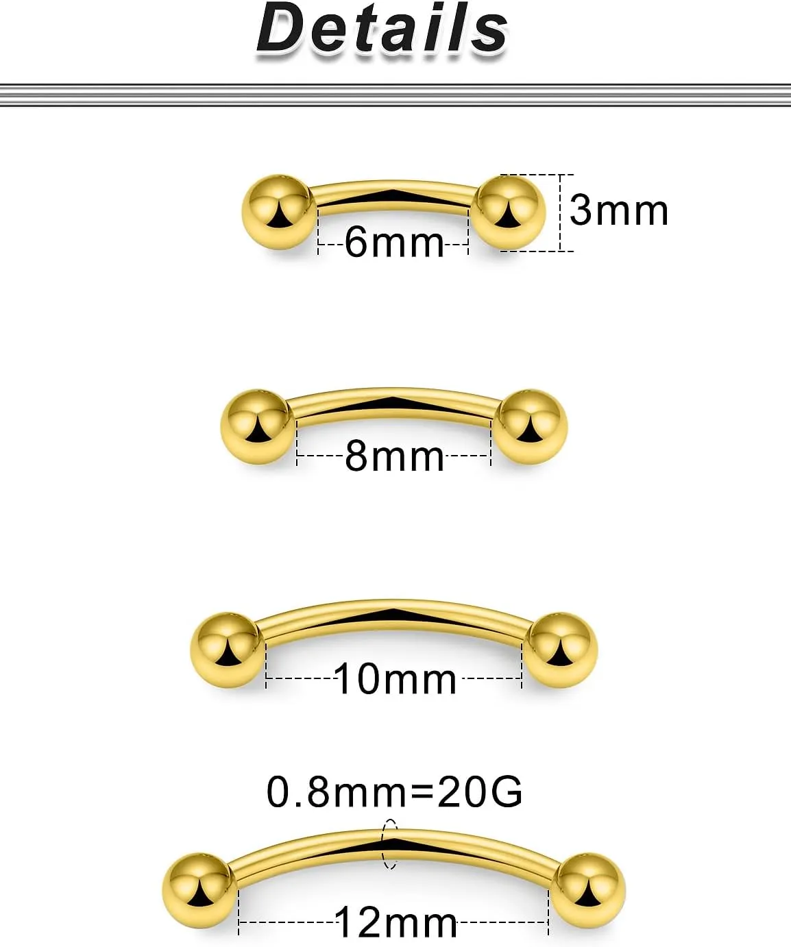 Ocptiy 20G 16G 14G 12G Eyebrow Rook Daith Piercing Jewelry 316L Surgical Steel Vertical Lip Labret Belly Button Ring Snake Eyes Tongue Ring Curved Barbell 6mm(1/4") 8mm(5/16") 10mm (3/8") 12mm(1/2")