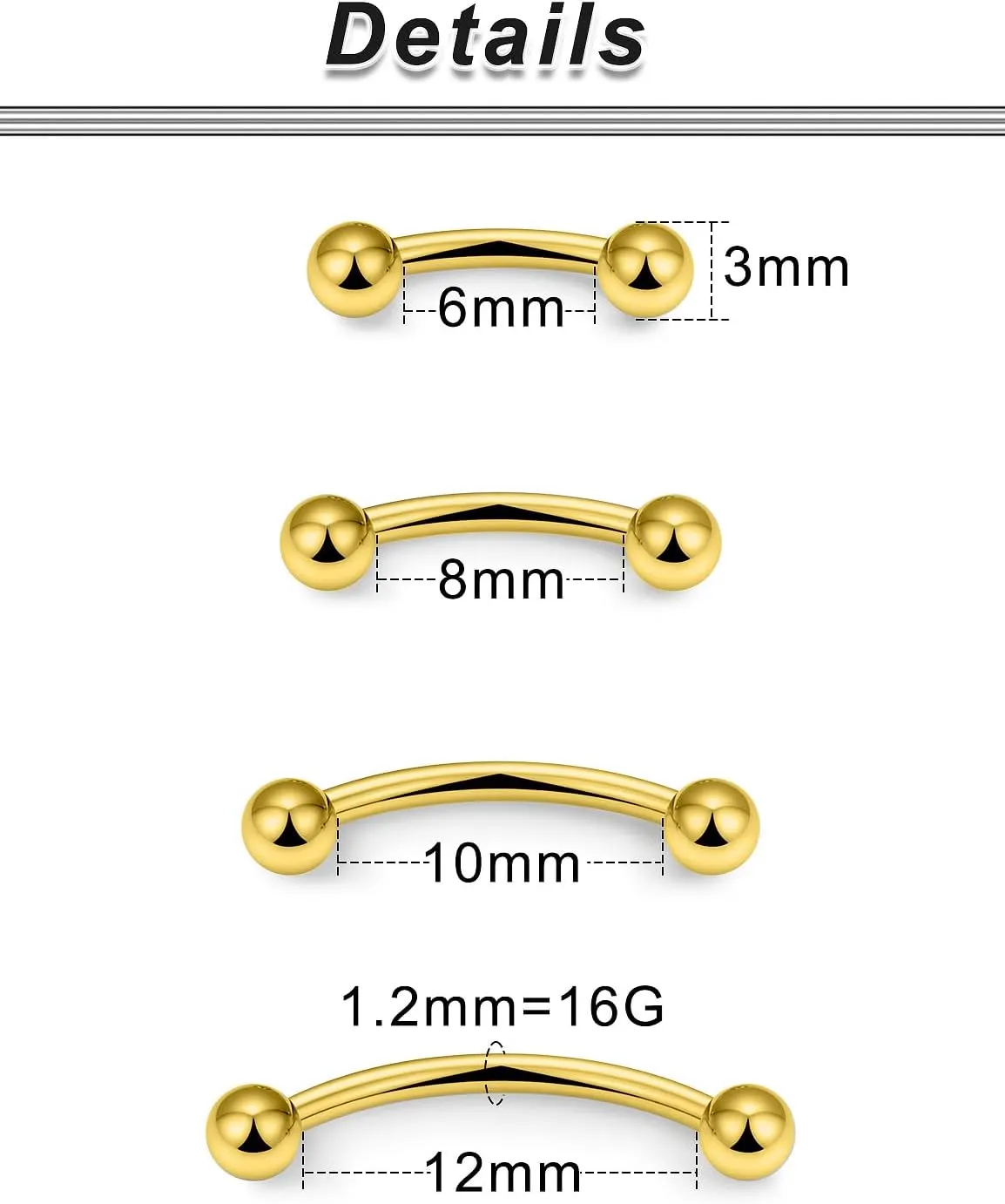 Ocptiy 20G 16G 14G 12G Eyebrow Rook Daith Piercing Jewelry 316L Surgical Steel Vertical Lip Labret Belly Button Ring Snake Eyes Tongue Ring Curved Barbell 6mm(1/4") 8mm(5/16") 10mm (3/8") 12mm(1/2")